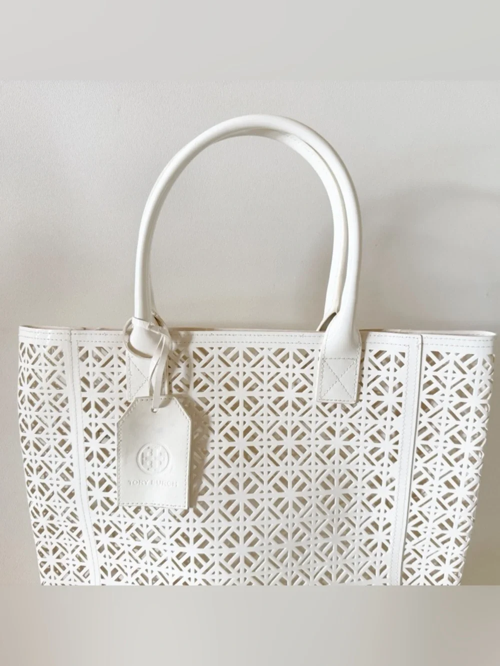 Tory Burch Tote Bag Laser-Cut PVC Geometric Carry-all White Casual Beach